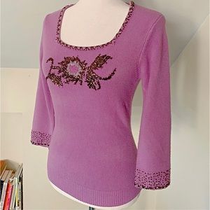 Cache Pullover Beaded Flower front and Back Sweater Light purple M